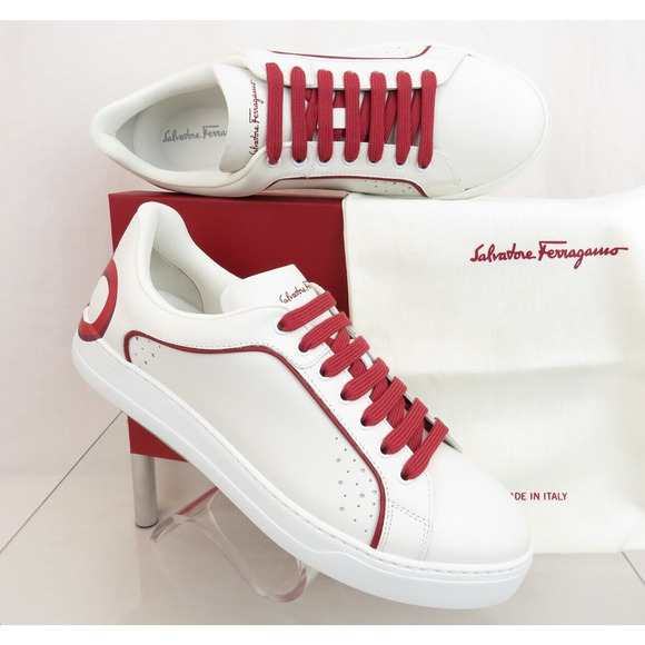 $795 FERRAGAMO MANHATTAN WHITE LEATHER RED GANCINI LOGO SNEAKERS 12 M ITALY main image 13